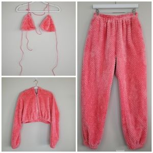 Dolls Kill Pink Fleece Crop Lounge Set